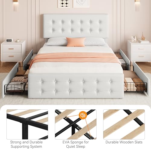 Black Queen Size Faux Leather Upholstered Platform Bed Frame with 4 Storage Drawers and Headboard S140