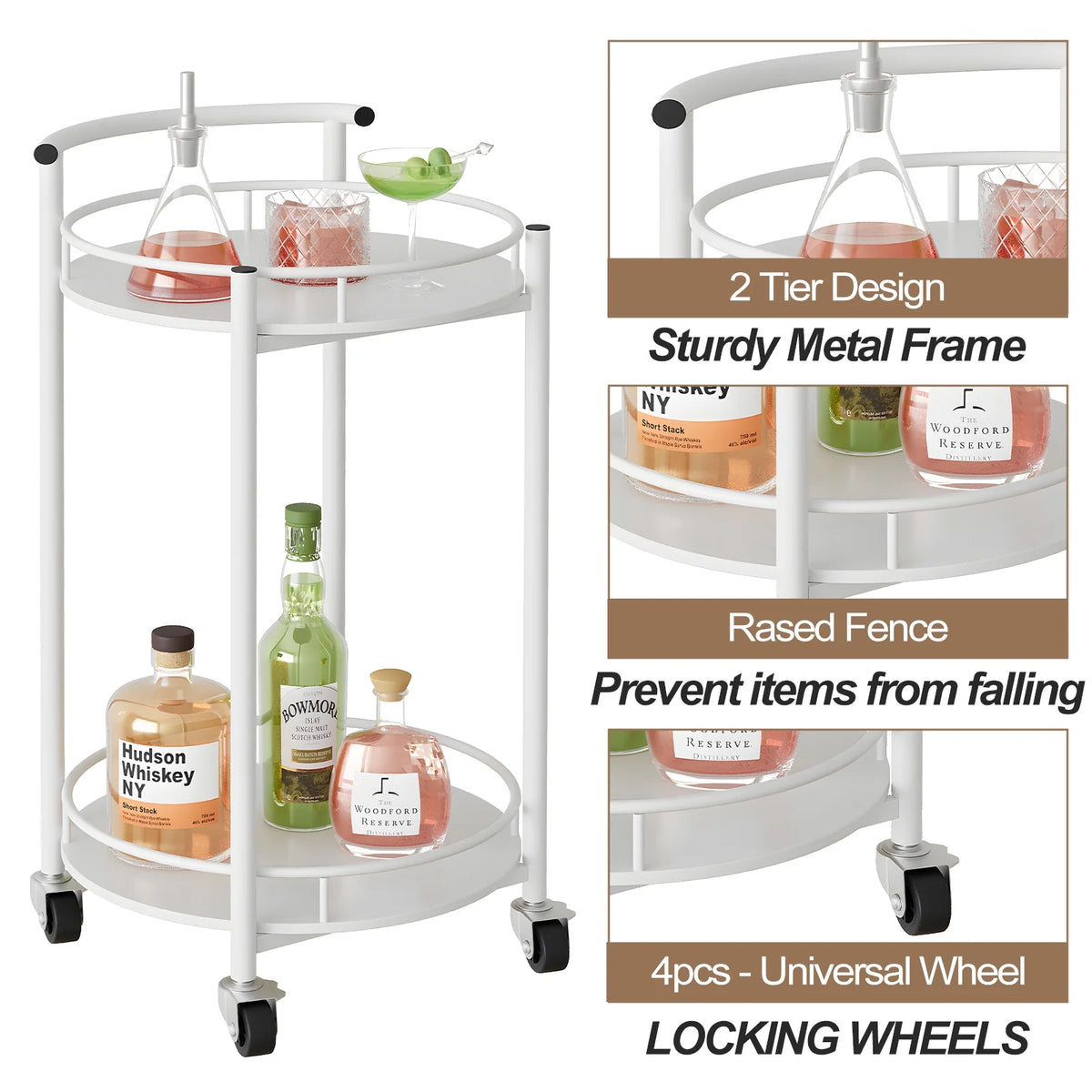 White 2 Tiers Rolling Metal Bar Cart with Handle E443