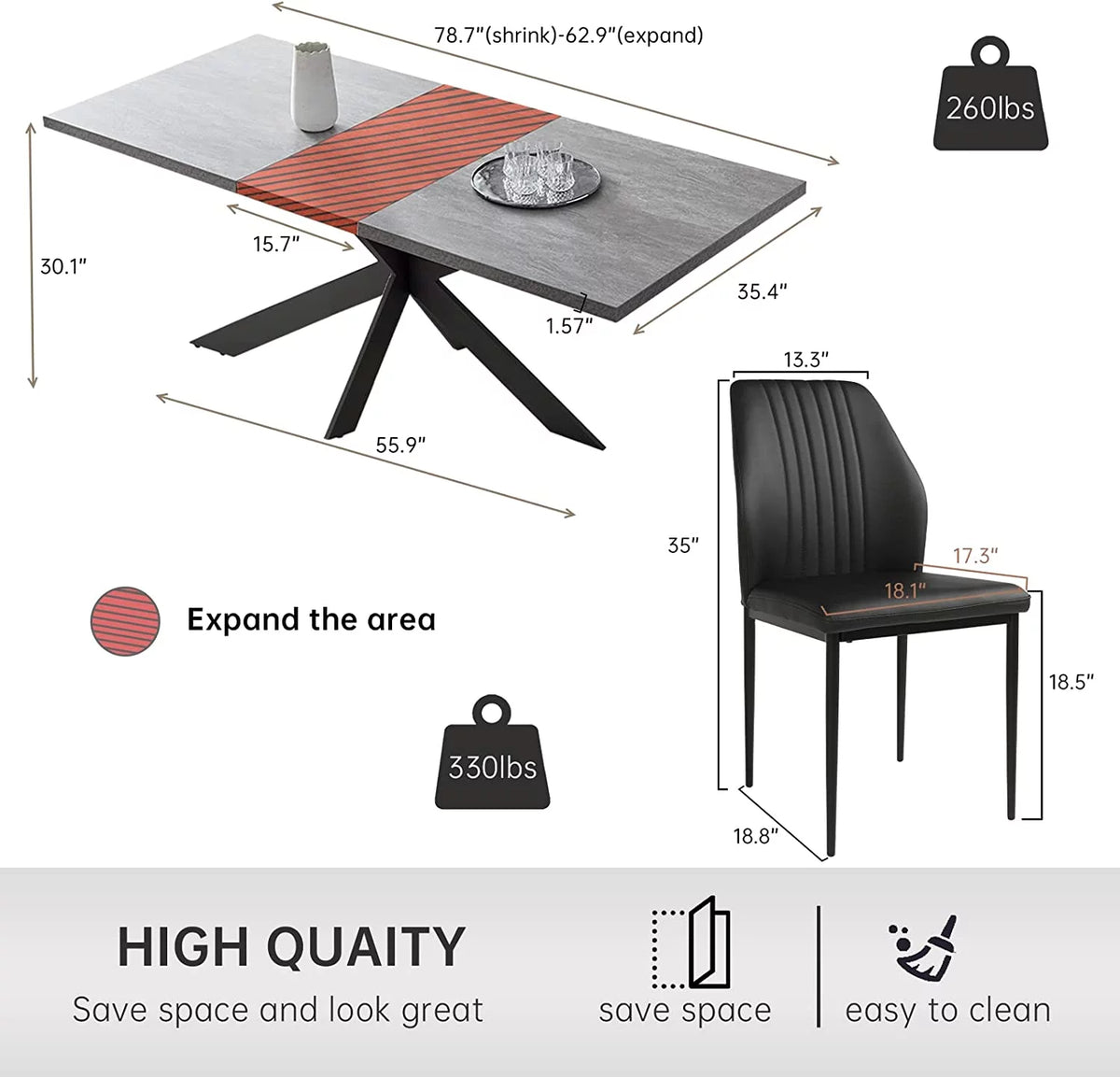 6-8 Person Space Saving Expandable Metal Frame Rectangular Dining Table R755302