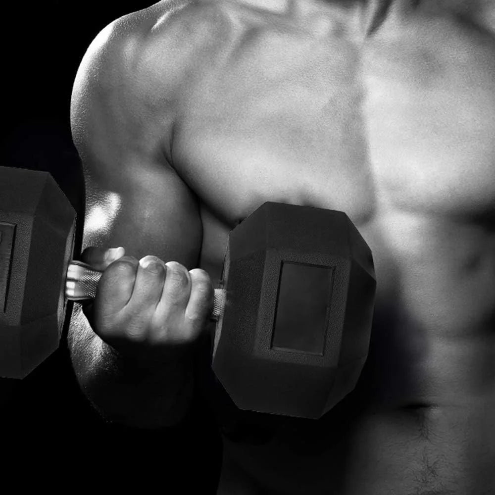 60lbs Pair Black Rubber Coated Cast Iron Hex Dumbbell Set M933837