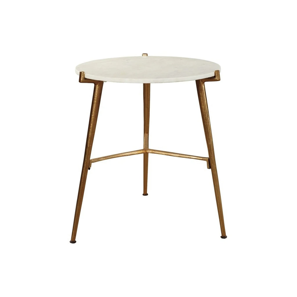 Round Marble Top Accent Table with Angled Metal Legs Gold and White M7224