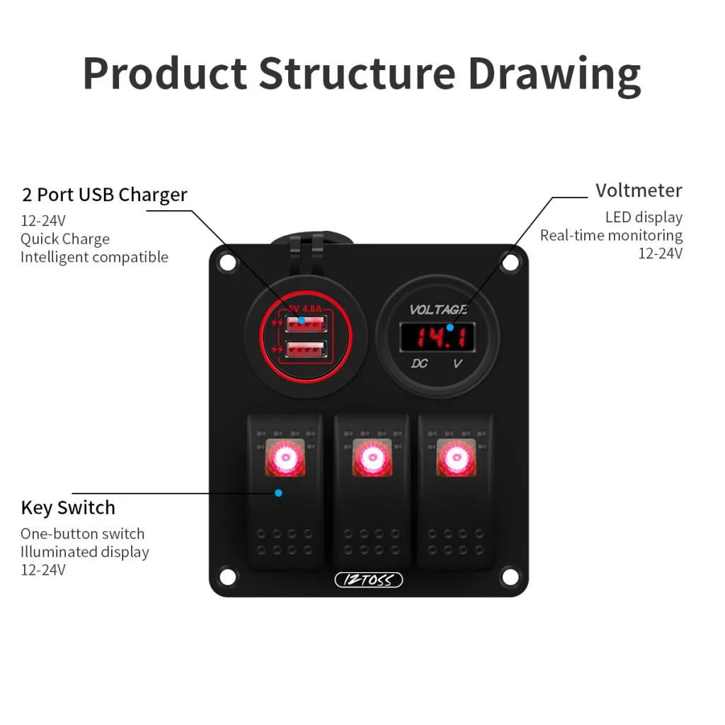 3 Gang Switch Panel with Digital Voltmeter N345222