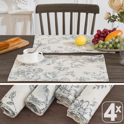 Floral Linen Placemats Set of 4 13x19 Inch Green S77276