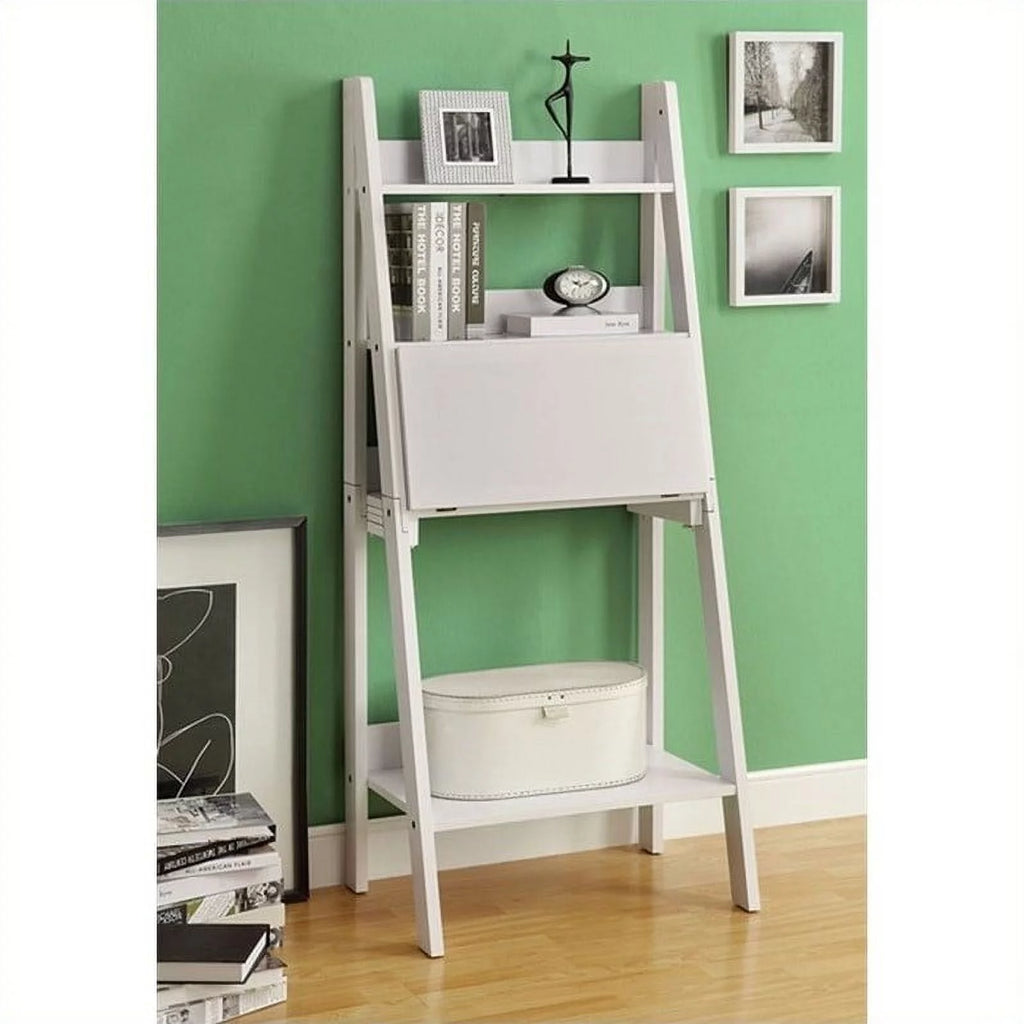 White Ladder Bookcase with Drop-Down Desk G327194