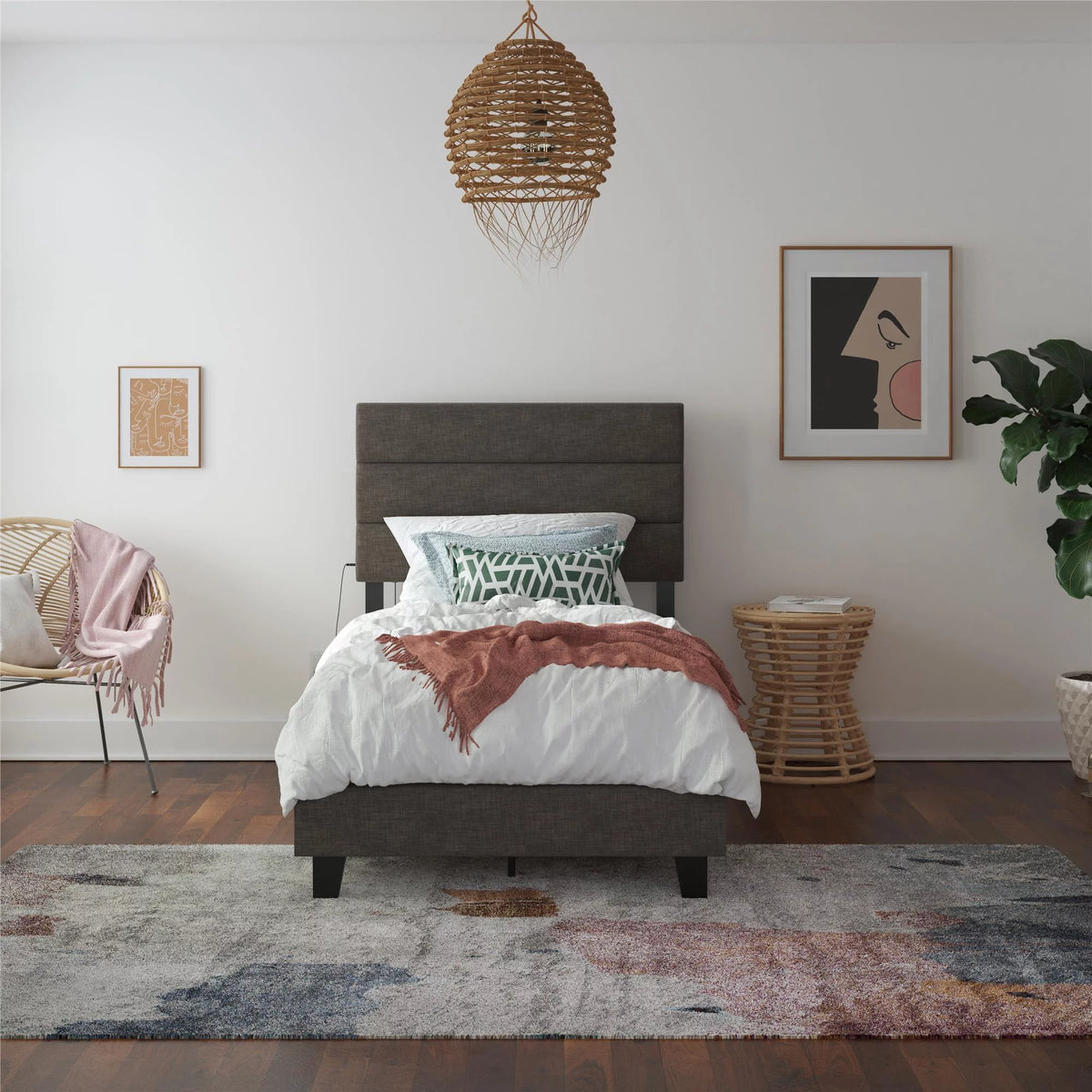 Dark Gray Linen Upholstered Bed with USB Port J856