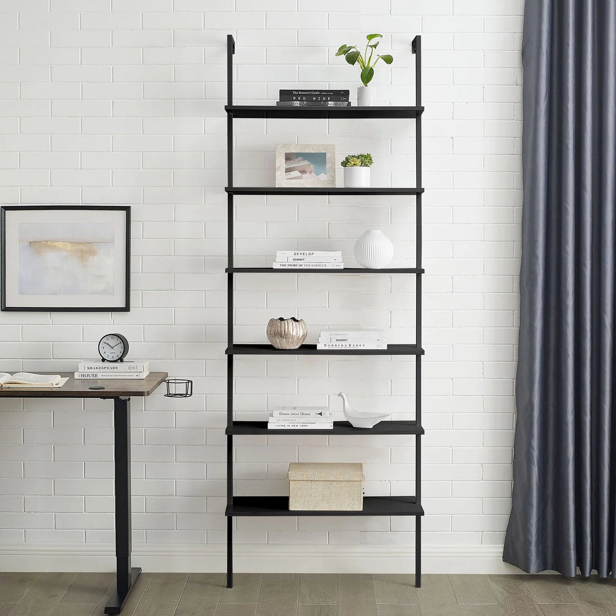 White 6-shelf Wood Wall-Mounted Bookshelf R295
