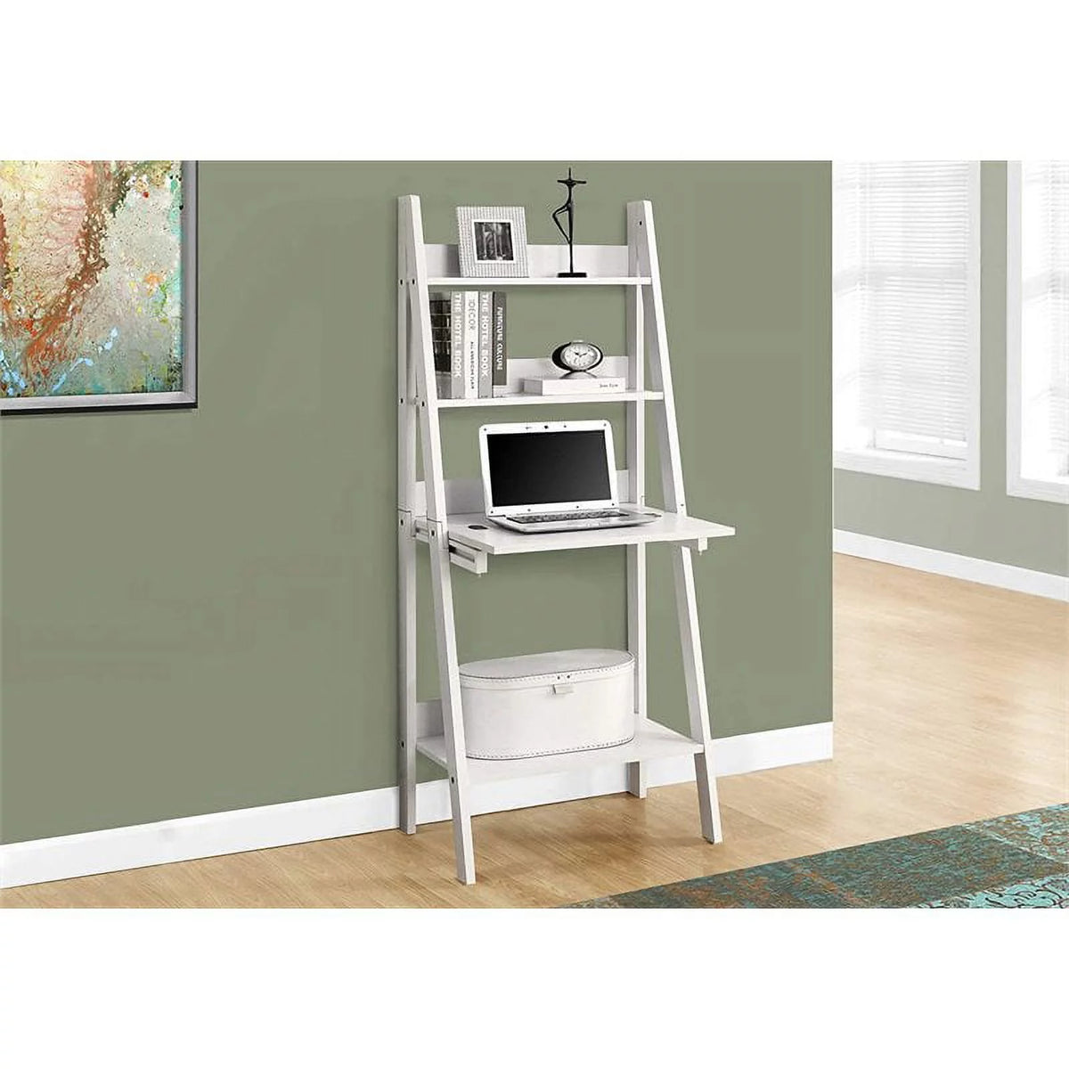 White Ladder Bookcase with Drop-Down Desk G327194