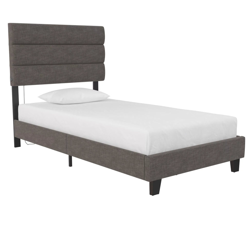 Dark Gray Linen Upholstered Bed with USB Port J856