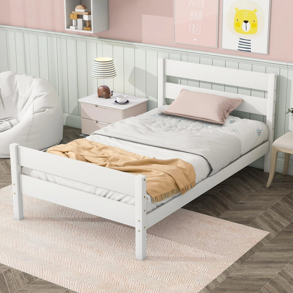 White Twin Size Wood Platform Bed with Headboard and Footboard P3648