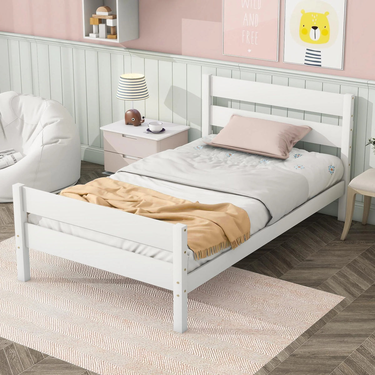 White Twin Size Wood Platform Bed with Headboard and Footboard P3648