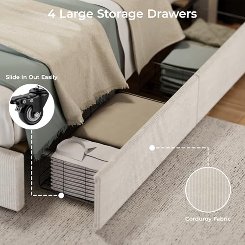 Queen Size Upholstered Platform Bed Frame with 4 Storage Drawers Y88617