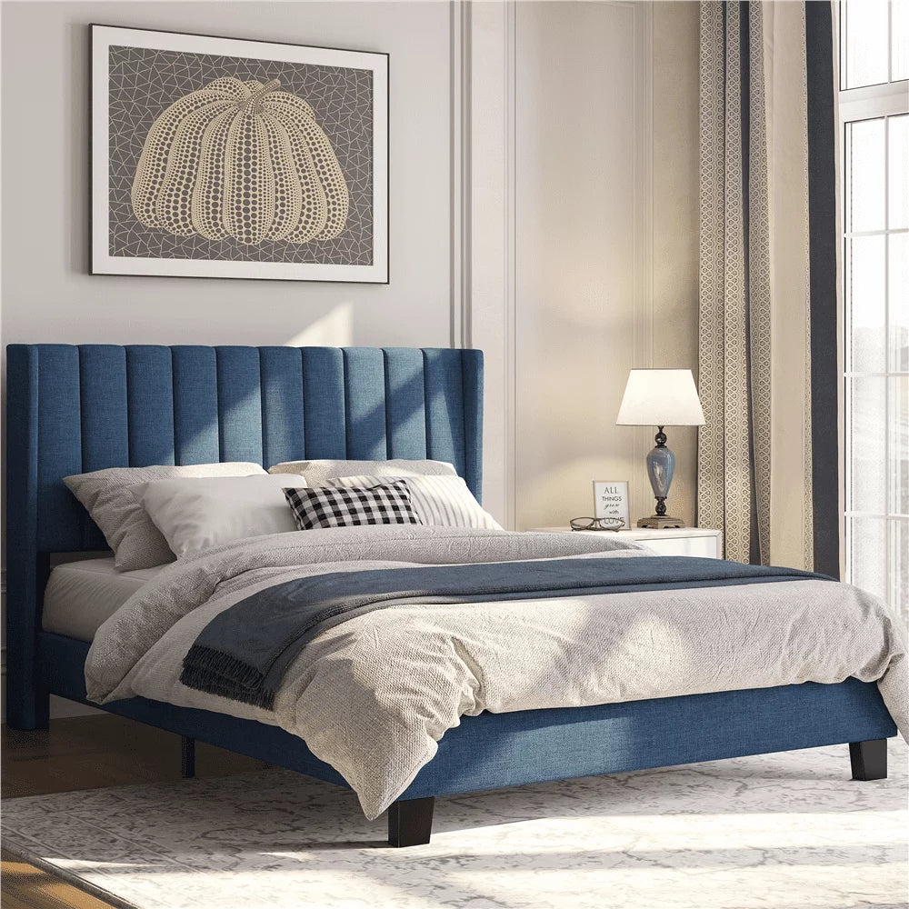 Queen Platform Bed with Upholstered Headboard, Navy Blue J3297