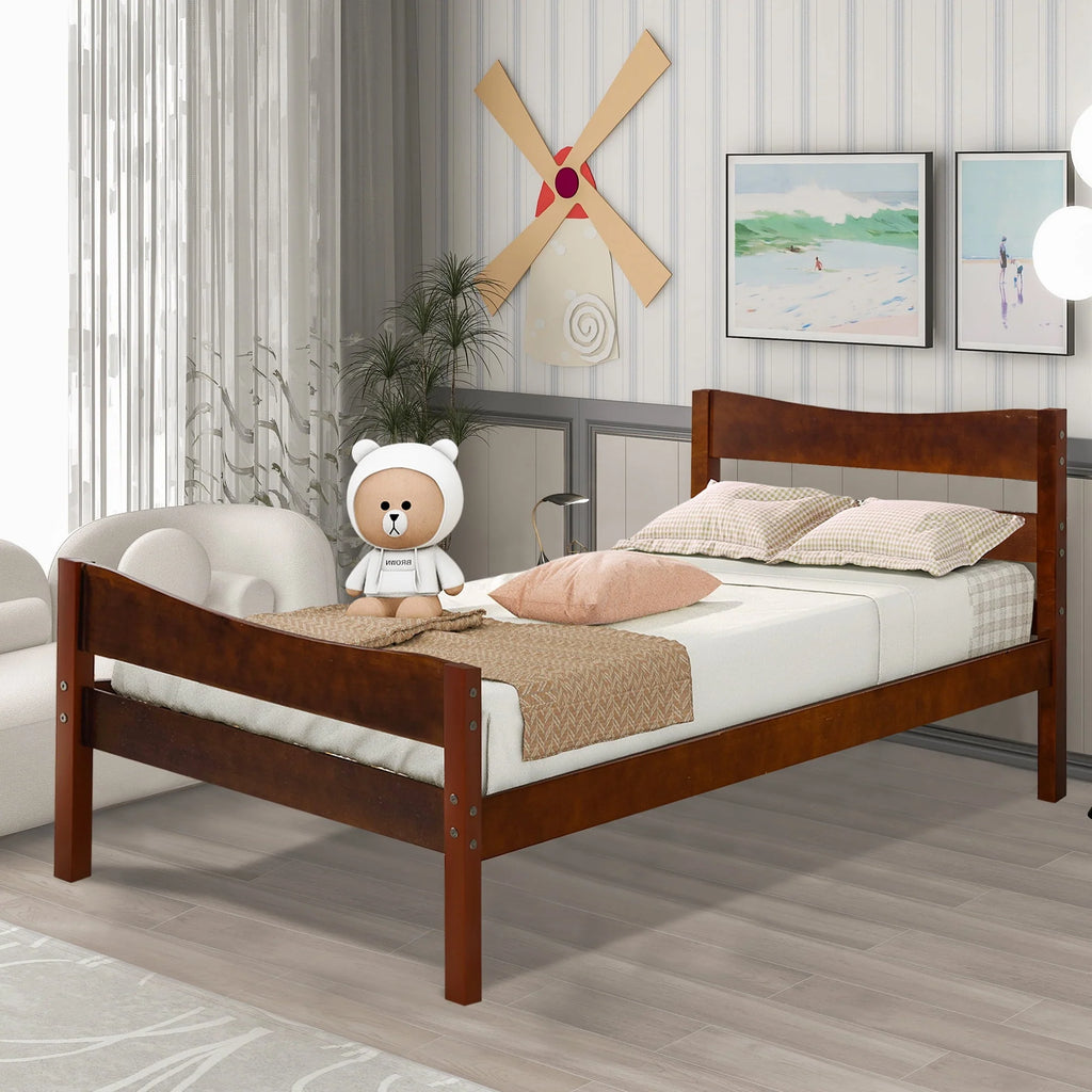 White Twin Size Wood Platform Bed with Headboard and Footboard P3648
