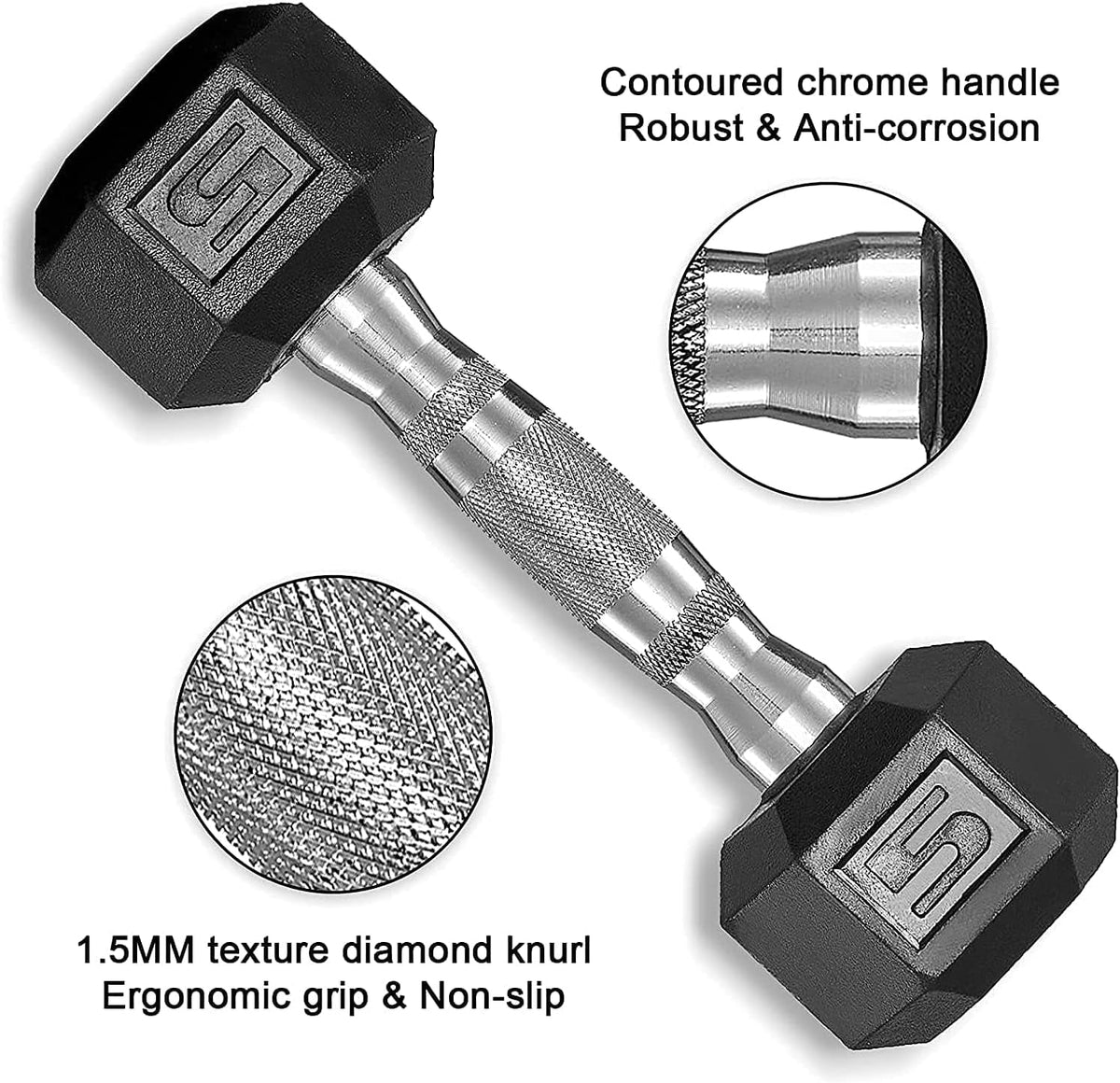 60lbs Pair Black Rubber Coated Cast Iron Hex Dumbbell Set M933837