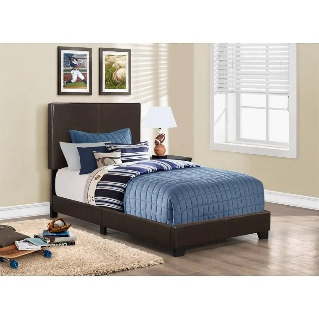 Modern Leather Upholstered Twin Bed in Dark Brown F6061