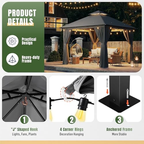 10x12 Metal Gazebo with Mosquito Netting and Privacy Screen I162